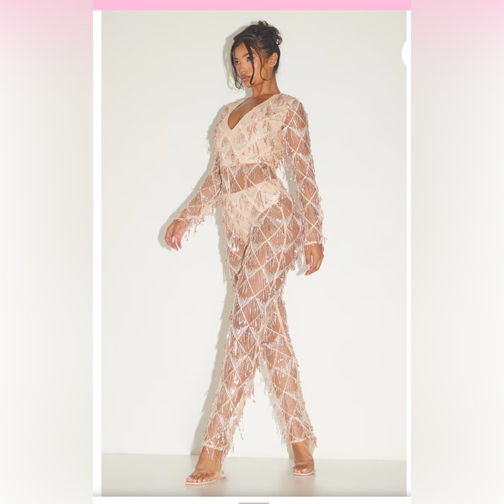 PrettyLittleThing Rose Gold Tassel Sequin Plunge Jumpsuit US 4